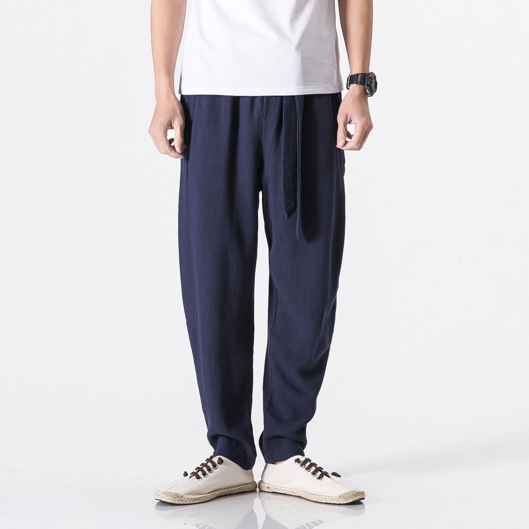 Herren nan entspannte Leinen-Baumwoll Harem-Joggerhose mit verdecktem Tunnelzug und tapered Bein EB