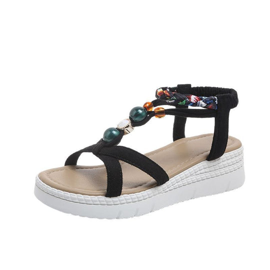 Damen Elegante Sandalen mit komfortablem Absatz und stilvollen Perlenverzierungen EB