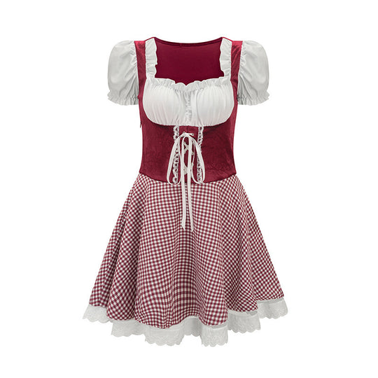 Damen nan bayerisch inspiriertes Mini-Dirndl mit geschnürtem Mieder, Puffärmeln und Vichykaro-Rock EB