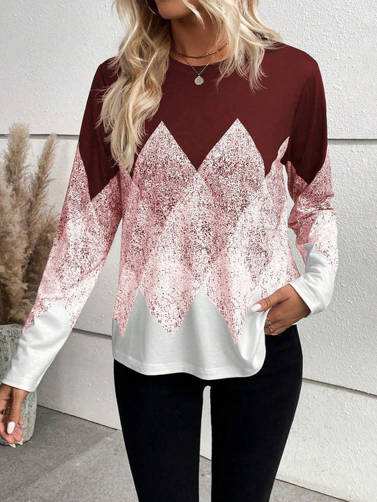 Damen modisches Langarmshirt mit grafischem Muster EB