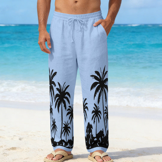 Herren Leinenoptik-Strandhose mit Palmenprint Relaxed-Fit und Kordelzug EB