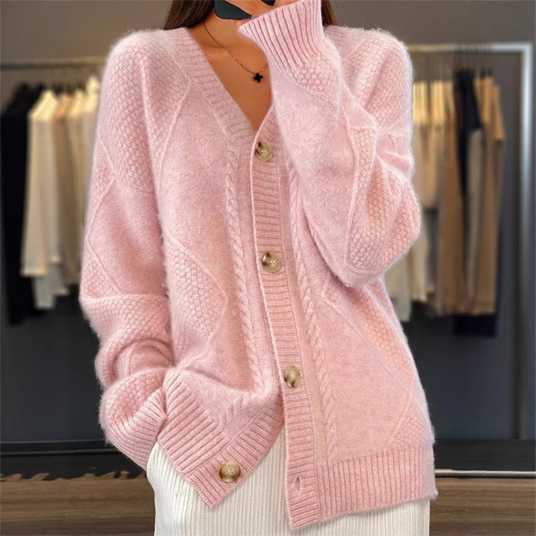 Damen nan Oversize Strickcardigan mit Zopfmuster V-Ausschnitt und Perlmuttknöpfen EB