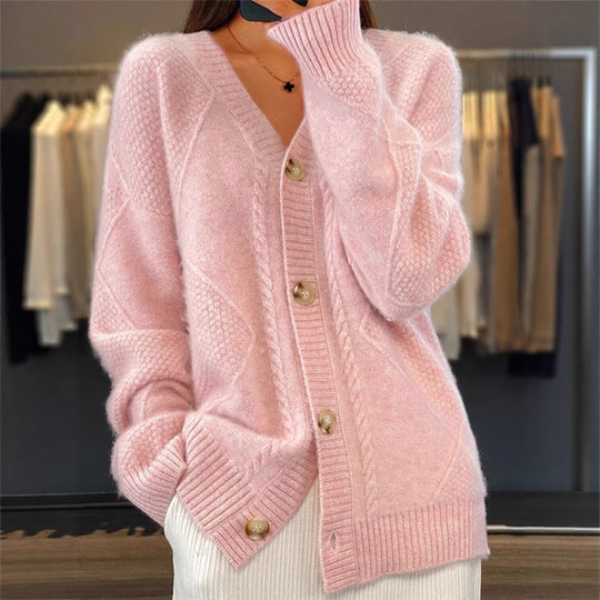 Damen nan Oversize Strickcardigan mit Zopfmuster V-Ausschnitt und Perlmuttknöpfen EB