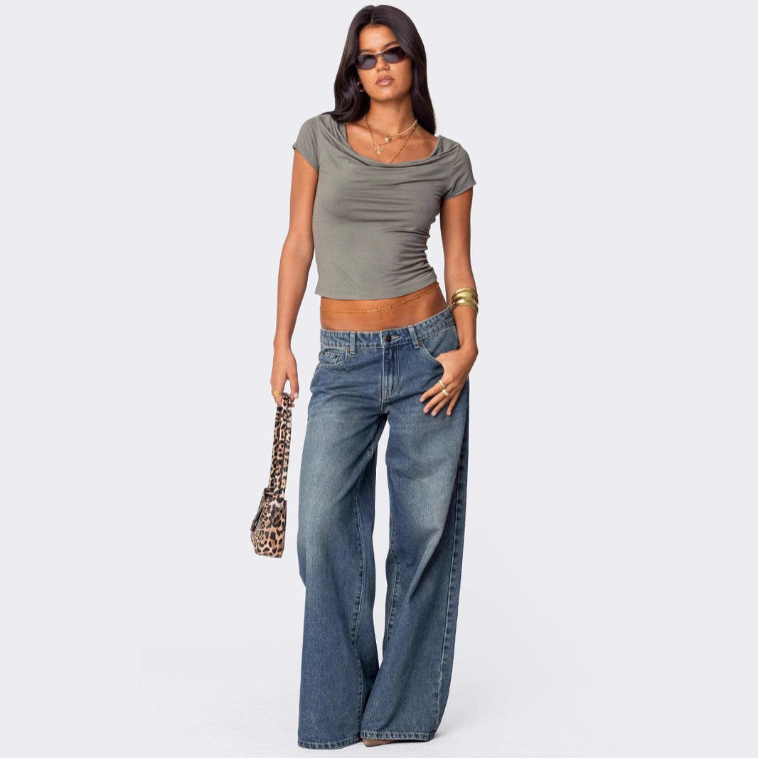 Damen Weit geschnittene Denim-Hose mit hohem Bund und modischen Details EB