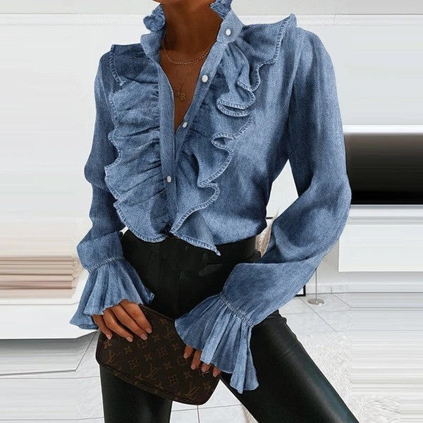 EB | Denim Bluse mit Langen Ärmeln und Rüschen für Damen