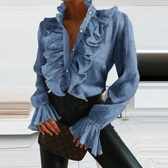 EB | Denim Bluse mit Langen Ärmeln und Rüschen für Damen