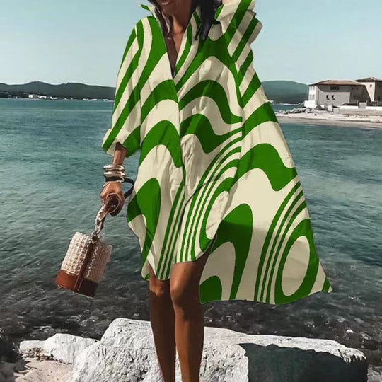 Damen nan luftiges Strandkleid Kaftan mit tropischem Blattprint und weitem Schnitt EB