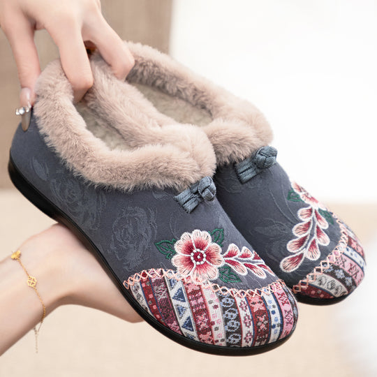 Damen Gemütliche Hausschuhe mit dekorativem Blumenmuster und kuscheligem Innenfutter EB