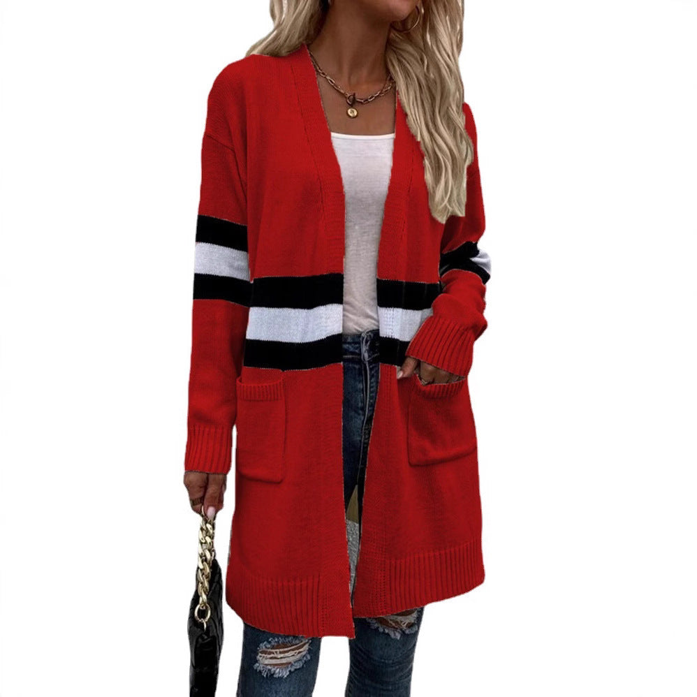 Damen Offene Strickjacke mit modernem Streifenmuster und praktischen Taschen EB