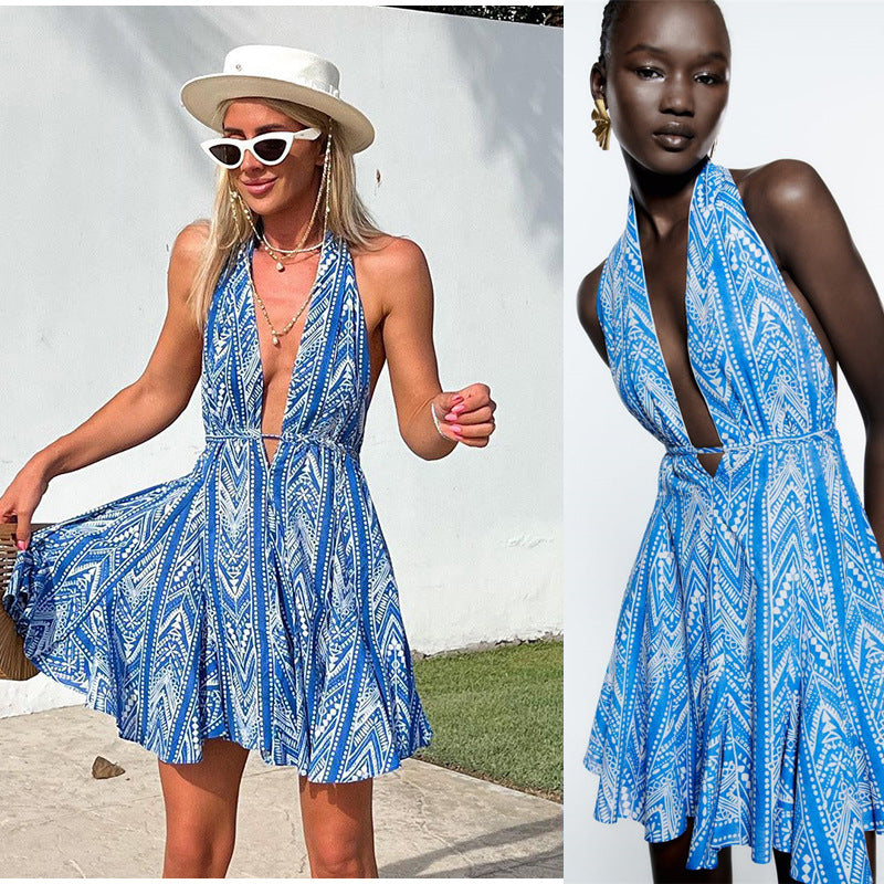 Damen Sommerliches Kleid mit tiefem V-Ausschnitt und schwingendem Rock EB