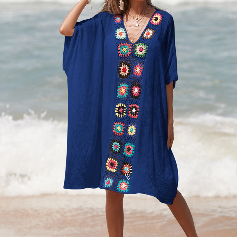Damen Häkel-Strandtunika im lässigen Oversize-Stil mit bunten Applikationen EB