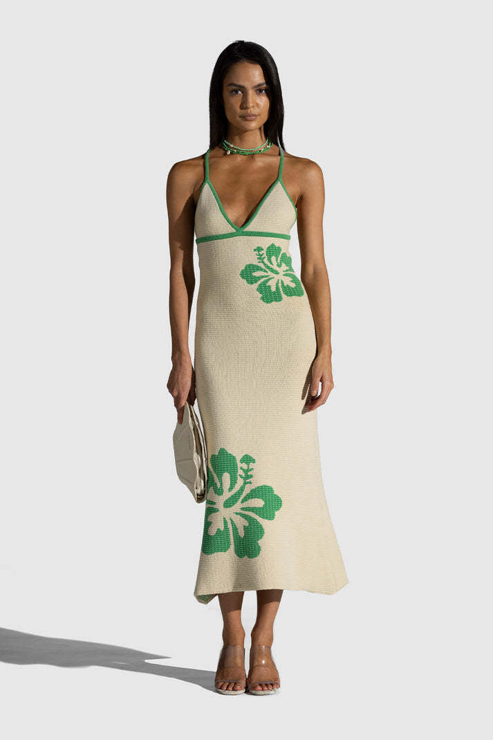 Damen Maxikleid mit raffiniertem Häkelmuster und floralen Akzenten EB