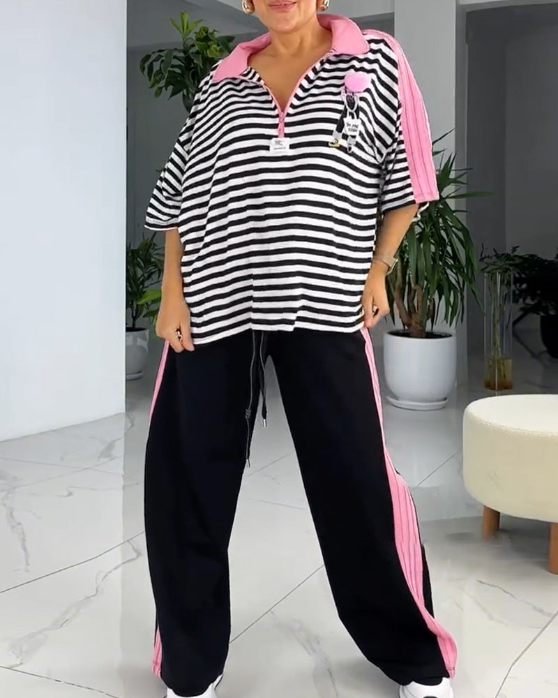 Damen nan lässiges zweiteiliges Polo-Lounge-Set mit Oversize-Streifen, Pompom-Applikation und kontrastierenden Seitenbahnen EB