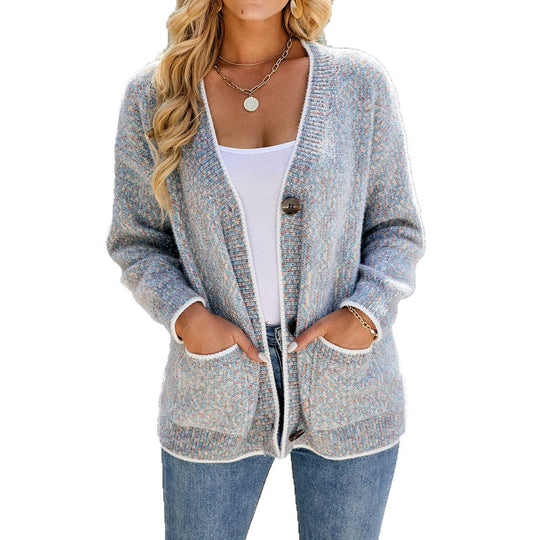 Damen gemütliche Strickjacke mit großen aufgesetzten Taschen und Knöpfen EB