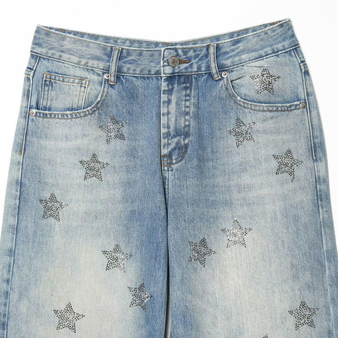 Damen nan weite Highwaist-Jeans mit Stern-Applikationen und Five-Pocket-Schnitt EB