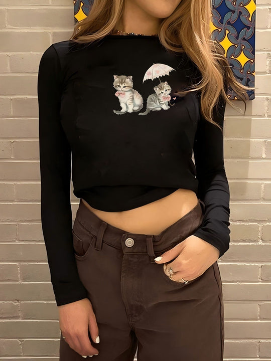 Damen nan figurbetontes Langarmshirt mit niedlichem Gänse-Print, Rundhalsausschnitt und leichtem Stretch EB
