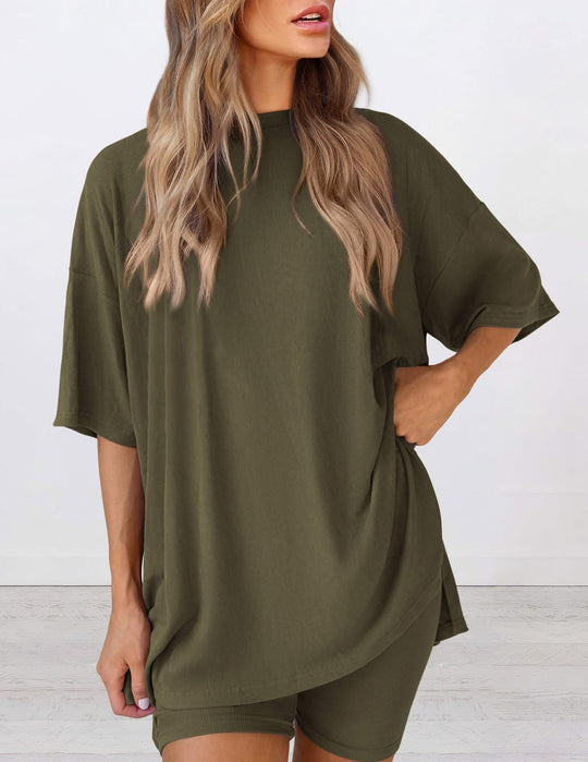 Damen Lässiges Lounge-Set mit übergroßem Oberteil und kurzen Hosen EB