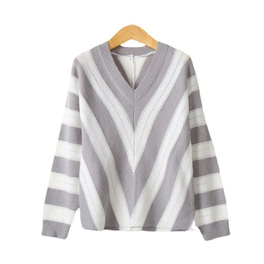 Damen V-Ausschnitt Strickpullover mit raffiniertem Streifenmuster EB