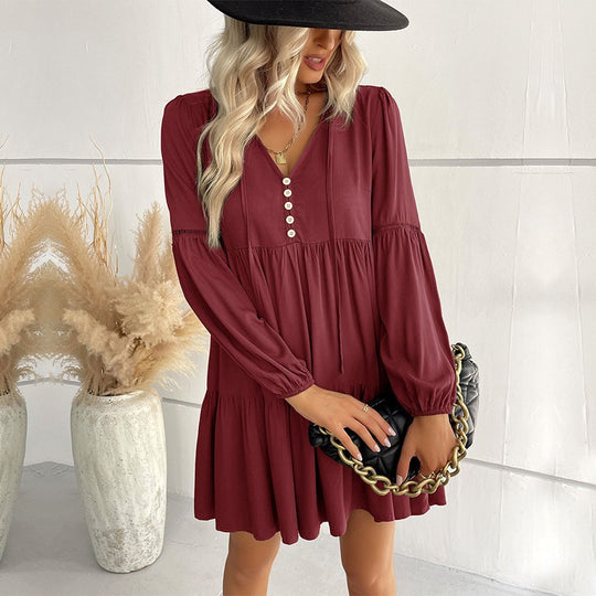 Damen lässiges Kleid mit Knopfdetails und voluminösen Ärmeln EB