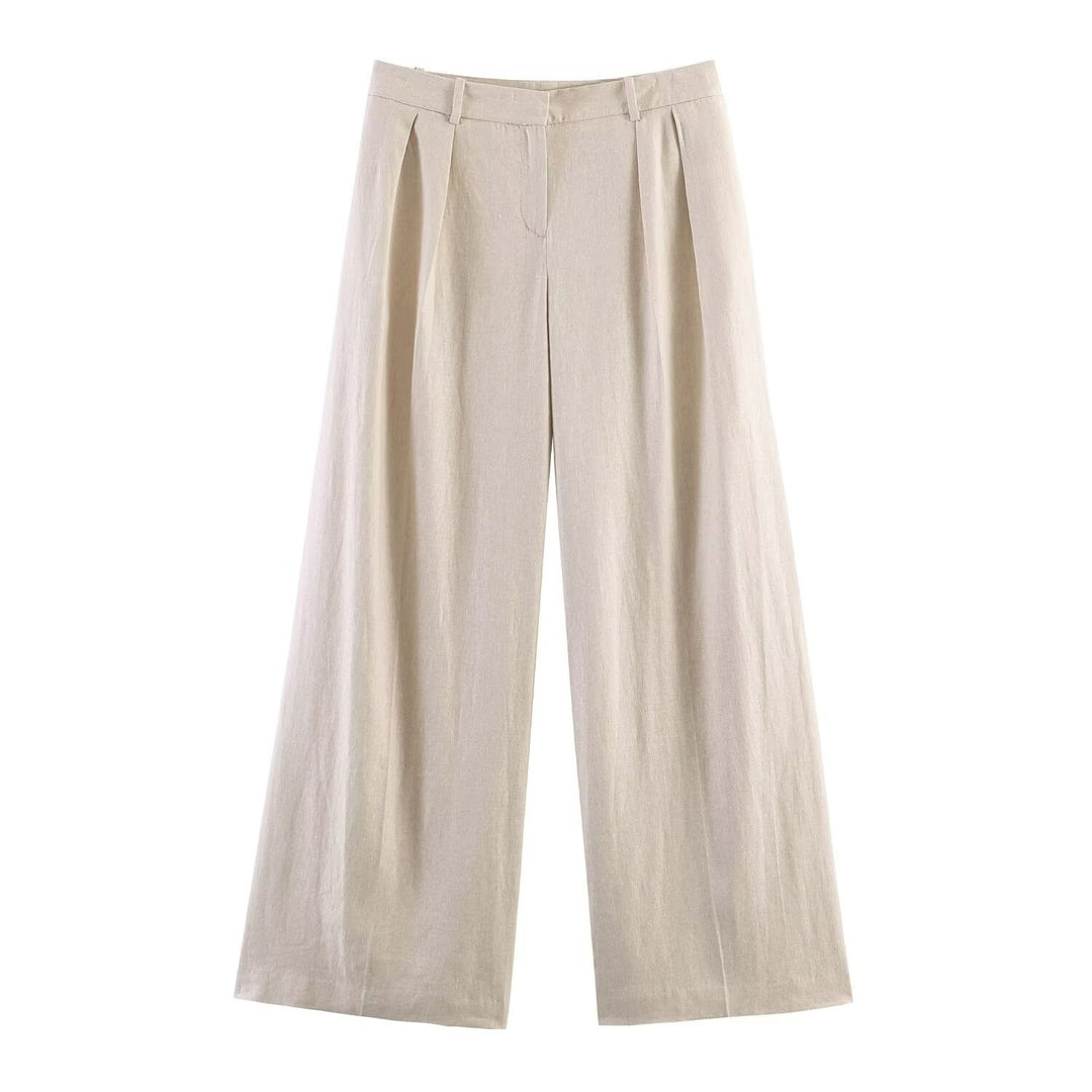 Damen Weite Leinenhose mit eleganten Falten und hohem Bund EB