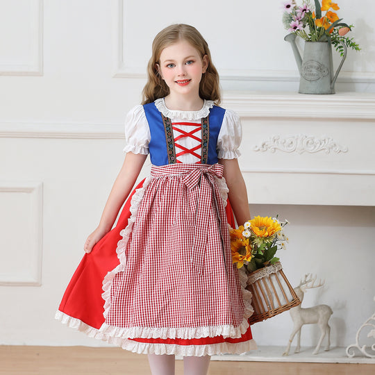 Damen nan traditionelles Kinder-Dirndl Kleid mit geraffter Schürze und Spitzenbesatz EB