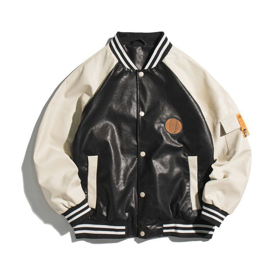 Herren College-Bomberjacke im Varsity-Stil aus Kunstleder mit Kontrastärmeln und Rippbündchen EB