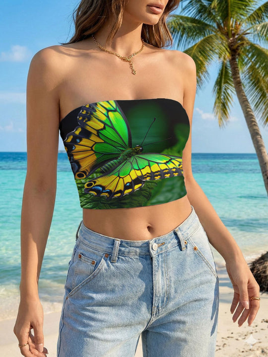 Damen Bandeau-Top mit floralem Vogelmotiv und elastischer Passform EB