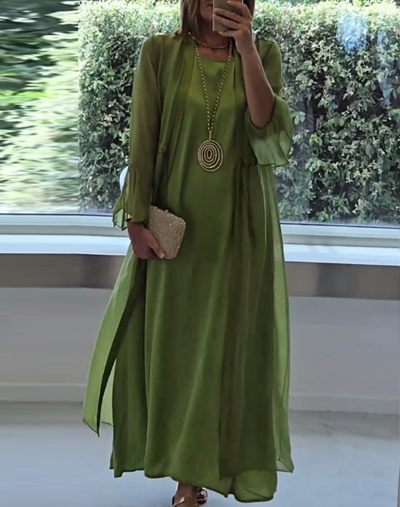 Damen nan elegante Lagen-Abendrobe mit gefüttertem Innenkleid, transparentem Chiffon-Überwurf und taillenverstellbaren Bändern EB