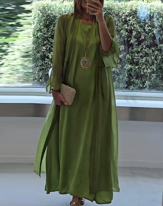 Damen nan doppellagiges Abendmaxikleid mit transparentem Überwurf, geschmeidigem Innenkleid, Taillenbändern und Trompetenärmeln EB