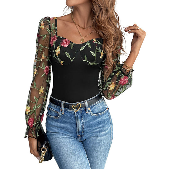 Damen Bestickter Mesh-Bodysuit mit herzförmigem Ausschnitt und langen Puffärmeln EB