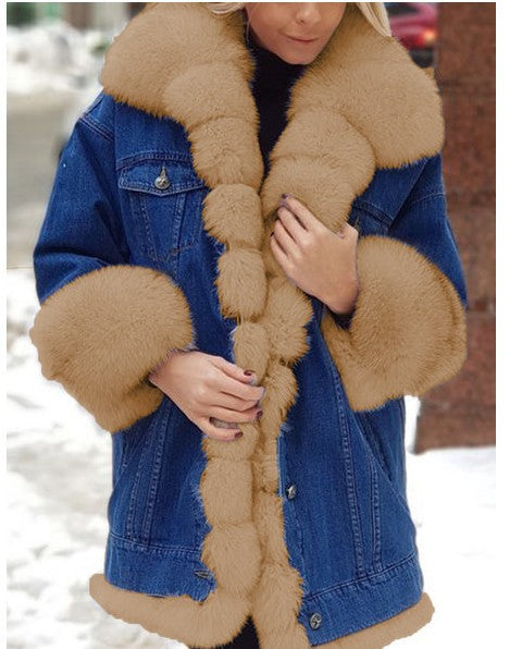 Damen Oversize Jeansjacke mit voluminösem Kunstfellkragen und Manschetten EB