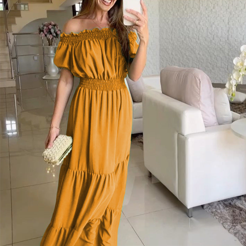Damen Off-Shoulder Maxikleid mit elastischem Bund und Rüschendetails EB