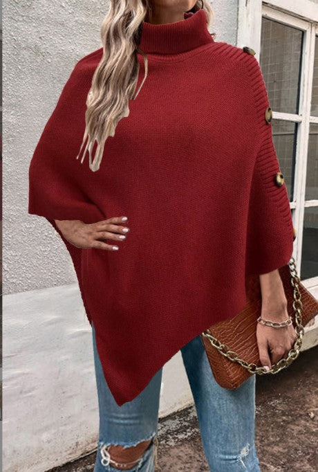 Damen Strick-Poncho mit hohem Kragen und Knopfdetails EB