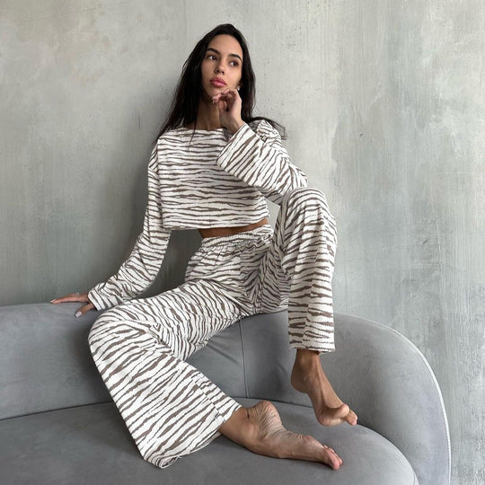 Damen lässiges Crop-Top und Jogginghose Set mit tierischem Muster EB