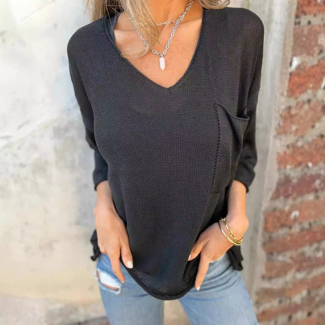 Damen legerer V-Ausschnitt Pullover mit praktischer Tasche EB