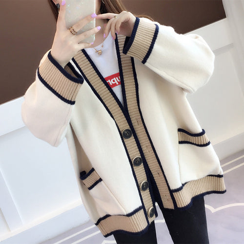 Damen Lässiger Strickcardigan mit attraktiven Kontrastsäumen und praktischen Taschen EB