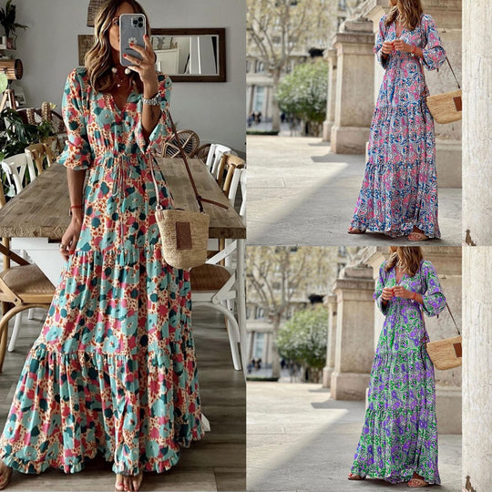Damen Maxikleid mit elegantem Paisleymuster und Knopfdetails EB
