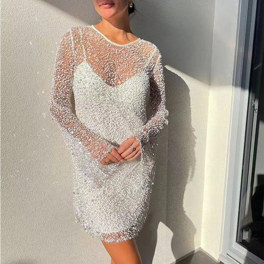 Damen Glitzerndes Cocktailkleid mit schimmernden Pailletten und langen Ärmeln EB