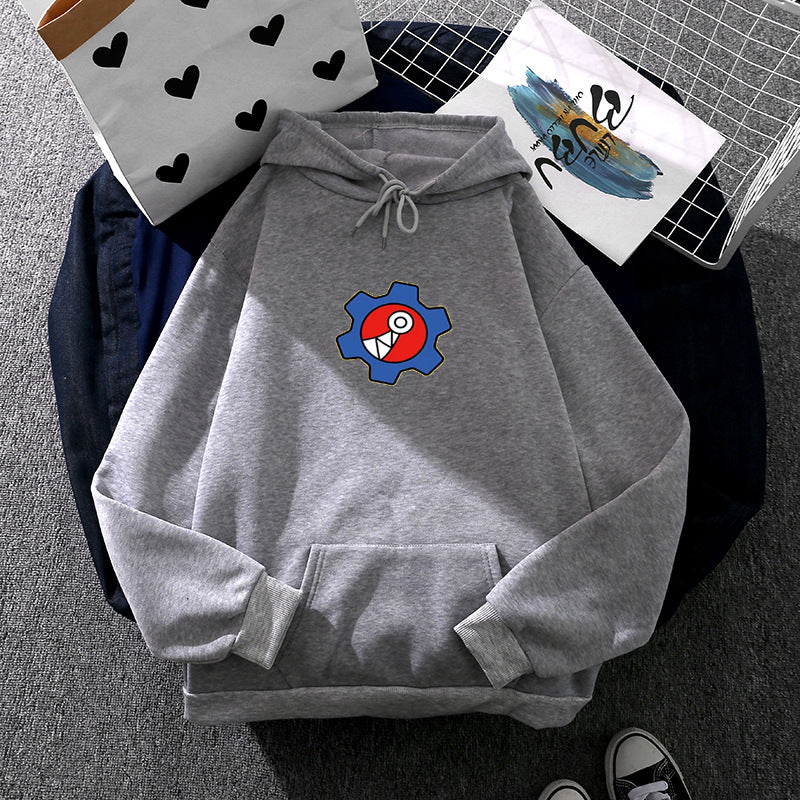 Damen nan oversized Fleece-Kapuzenpullover mit weicher Innenseite, Kängurutasche und appliziertem Zahnrad-Comic-Motiv EB