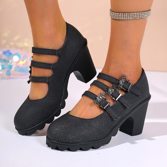 Damen Elegante und modische Blockabsatz-Sandalen mit doppeltem Riemendesign EB