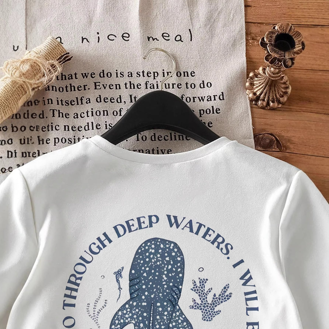 Damen T-Shirt mit kreativem Wahlspruch und kunstvollem Hai-Motiv EB