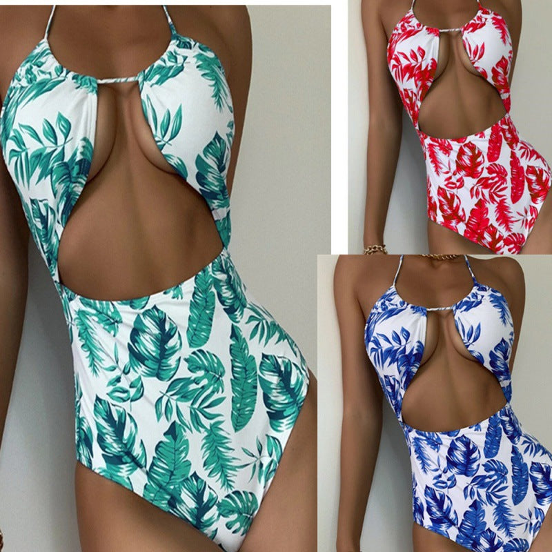 Damen Einteiliger Badeanzug mit modischem Cut-Out-Design und tropischem Blattmuster EB