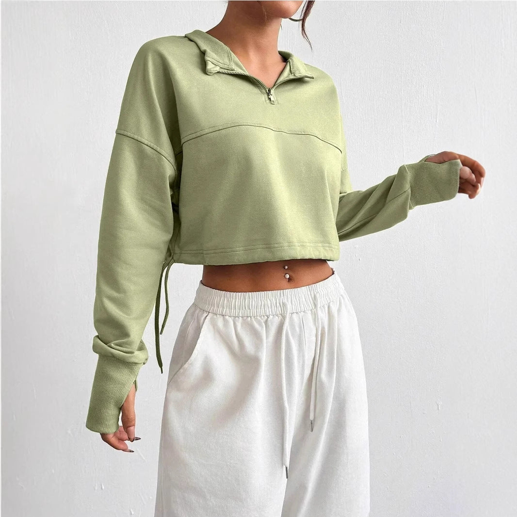 EB | Crop Pullover Baumwollmischung Bequeme Passform Reißverschlusskragen Ballonärmel