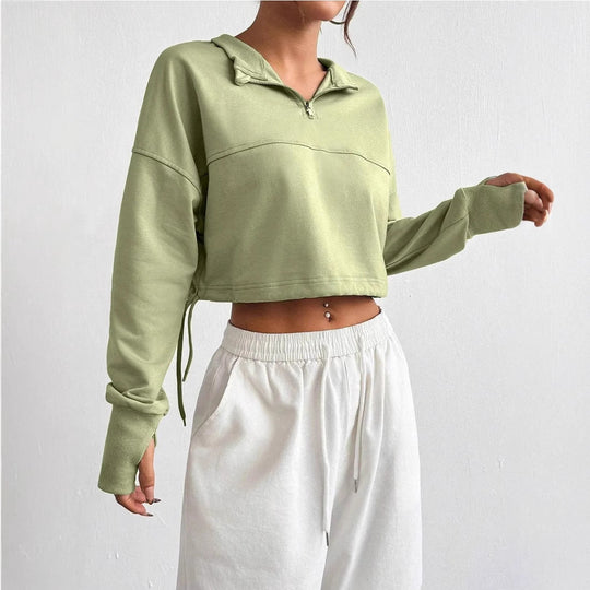 EB | Crop Pullover Baumwollmischung Bequeme Passform Reißverschlusskragen Ballonärmel