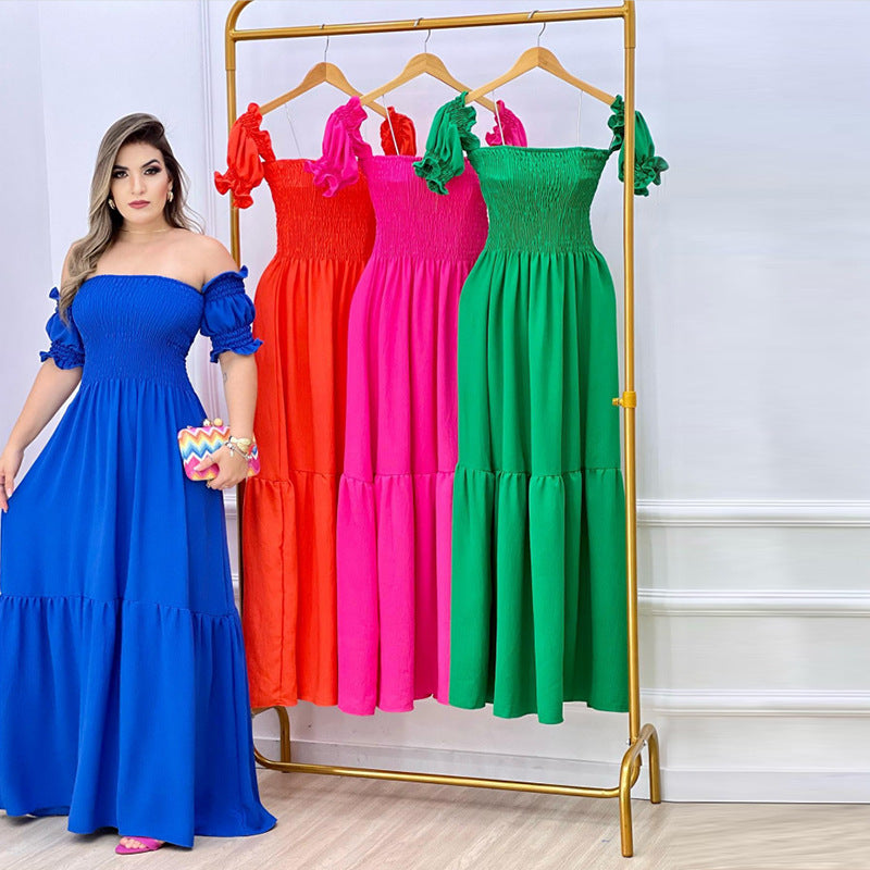 Damen Off-Shoulder Maxikleid mit voluminösen Puffärmeln und nostalgischer Raffung EB