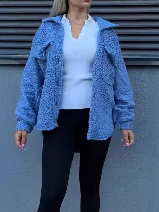 Damen Teddyjacke mit modischen Taschen und Knopfverschluss EB