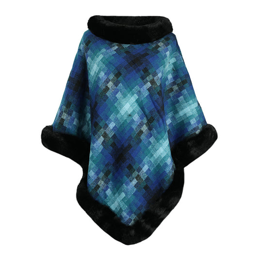 Damen modischer Poncho mit luxuriösem Kunstpelzkragen EB