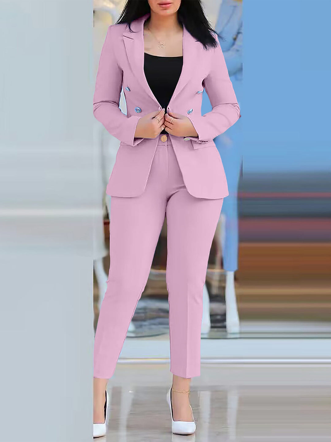 Damen Figurbetonter Zweireiher-Blazer mit schlanker High‑Waist Zigarettenhose EB