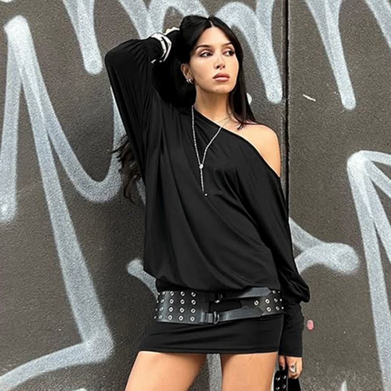 Damen Lässiges Off-Shoulder Kleid mit seitlicher Raffung EB