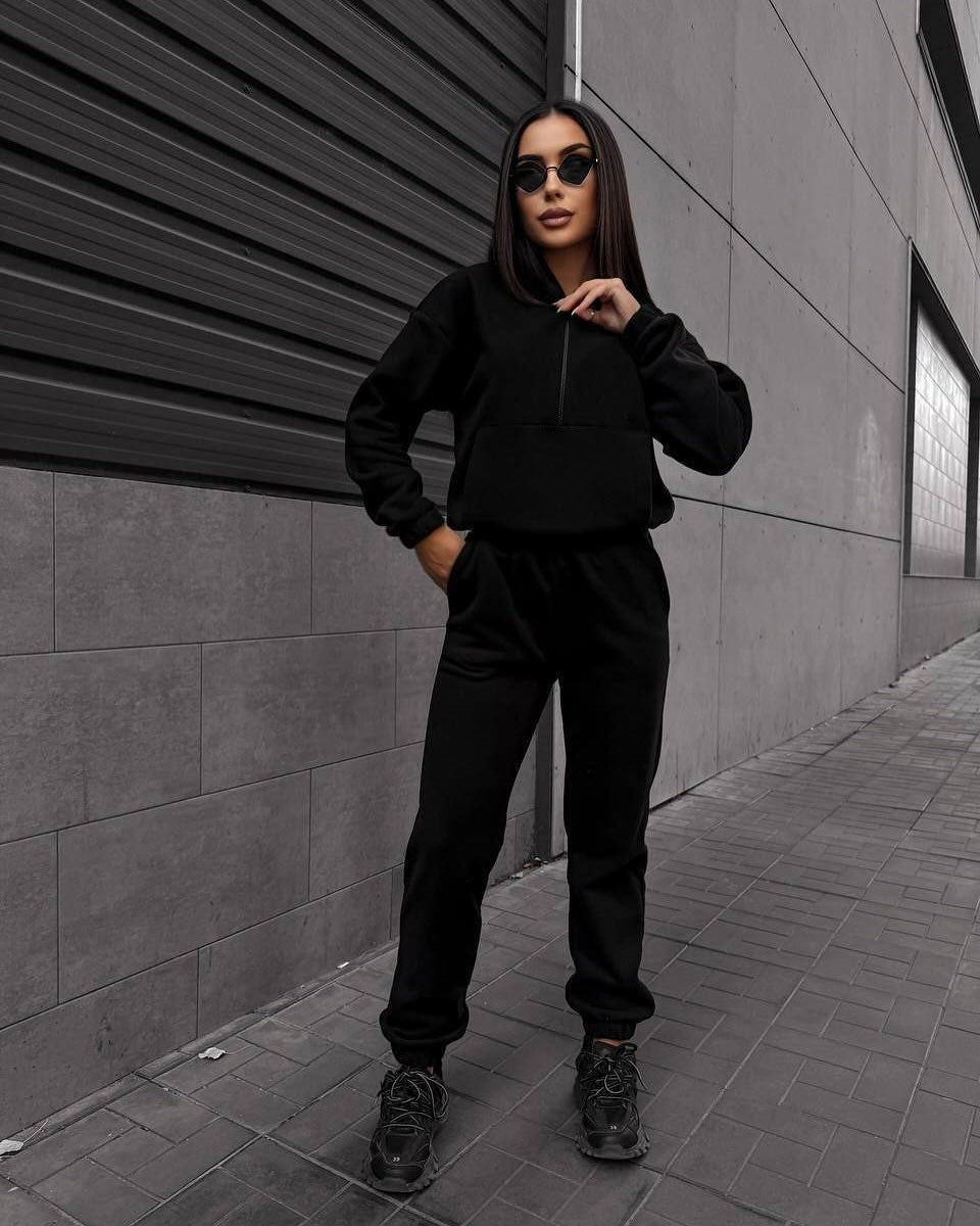 Damen sportliches Fleece-Set mit halbhohem Reißverschluss Kapuzenhoodie und lässiger Jogginghose EB
